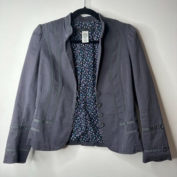Marc Jacobs Slate Navy Fitted Button Blazer Floral Lining Mandarin Collar 4 - Picture 3 of 13
